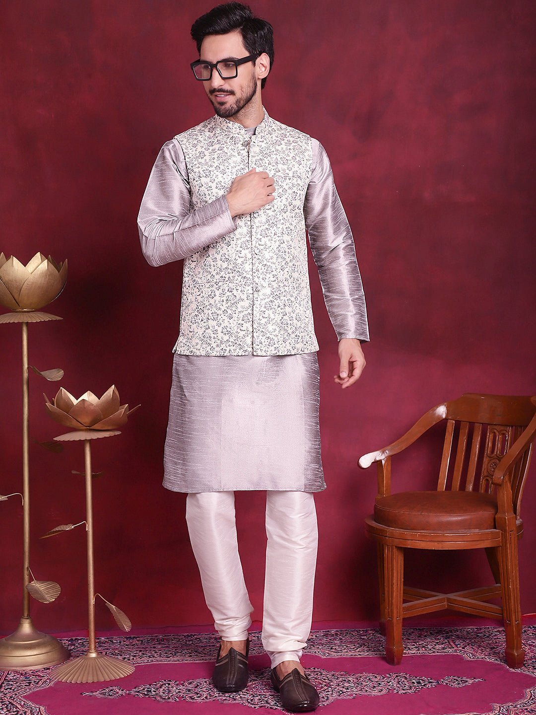 Jompers Men's Woven Design Nehru Jacket With Kurta Pyjama Set - Grey