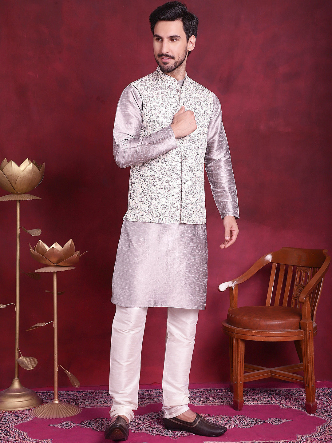 Jompers Men's Woven Design Nehru Jacket With Kurta Pyjama Set - Grey