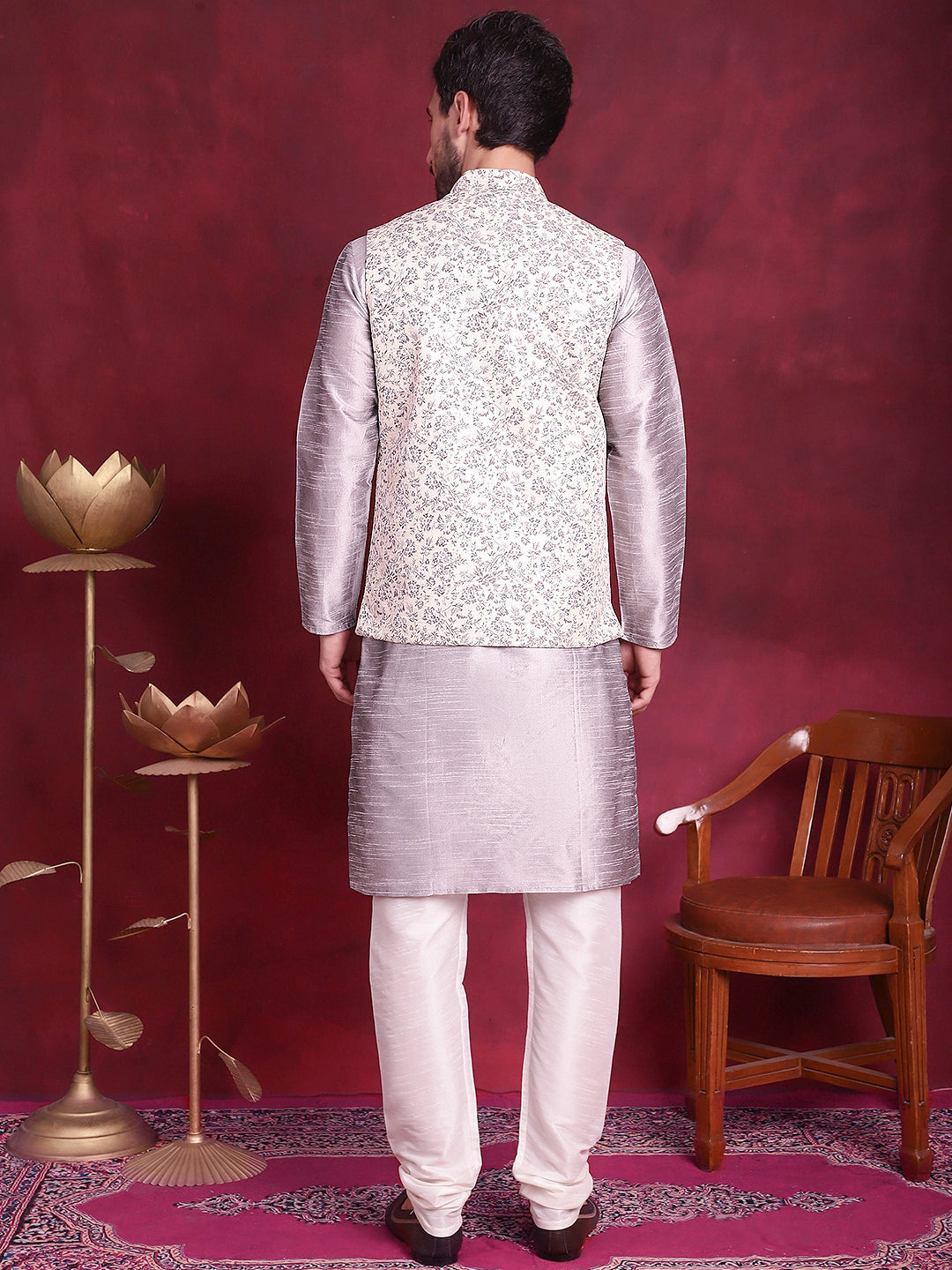 Jompers Men's Woven Design Nehru Jacket With Kurta Pyjama Set - Grey