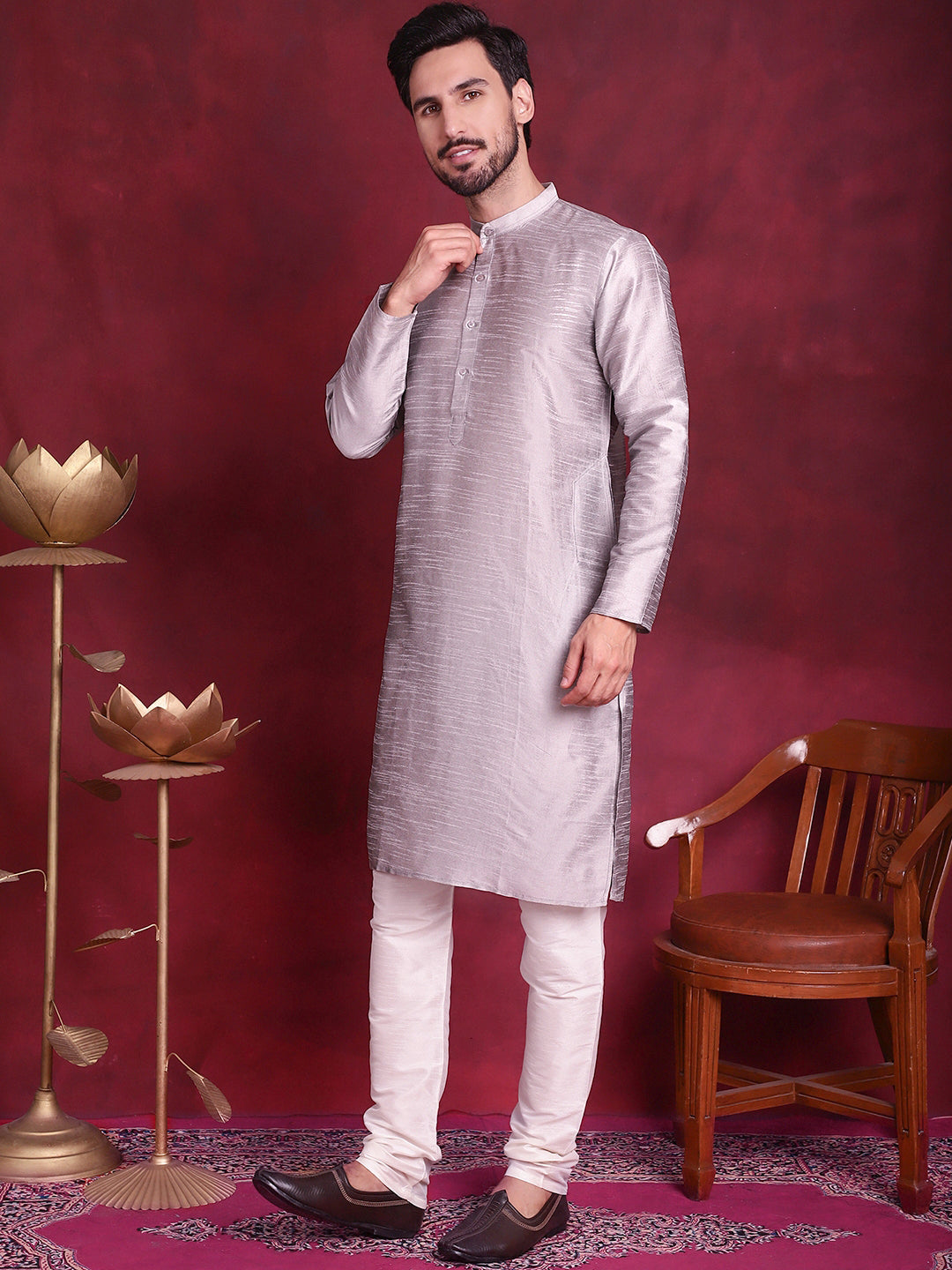 Jompers Men's Woven Design Nehru Jacket With Kurta Pyjama Set - Grey