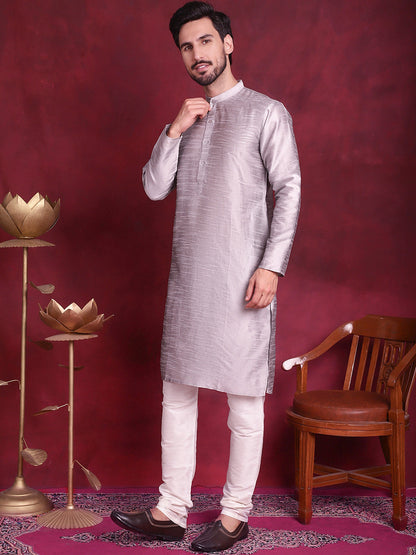 Jompers Men's Woven Design Nehru Jacket With Kurta Pyjama Set - Grey