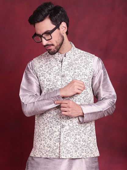 Jompers Men's Woven Design Nehru Jacket With Kurta Pyjama Set - Grey