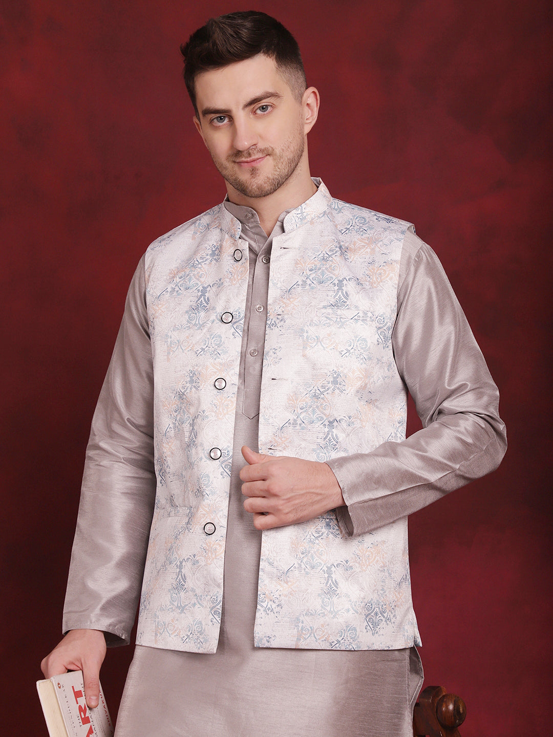 Jompers Men's Silver Floral Printed Nehru Jacket With Kurta Pyjama Set
