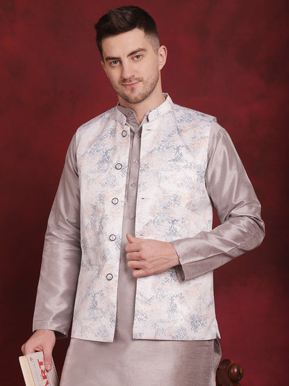 Jompers Men's Silver Floral Printed Nehru Jacket With Kurta Pyjama Set