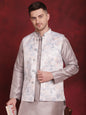 Jompers Men's Silver Floral Printed Nehru Jacket With Kurta Pyjama Set