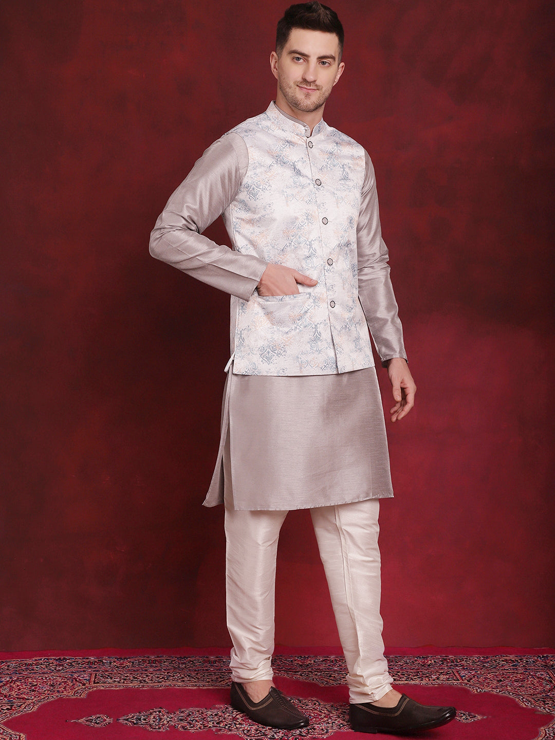 Jompers Men's Silver Floral Printed Nehru Jacket With Kurta Pyjama Set