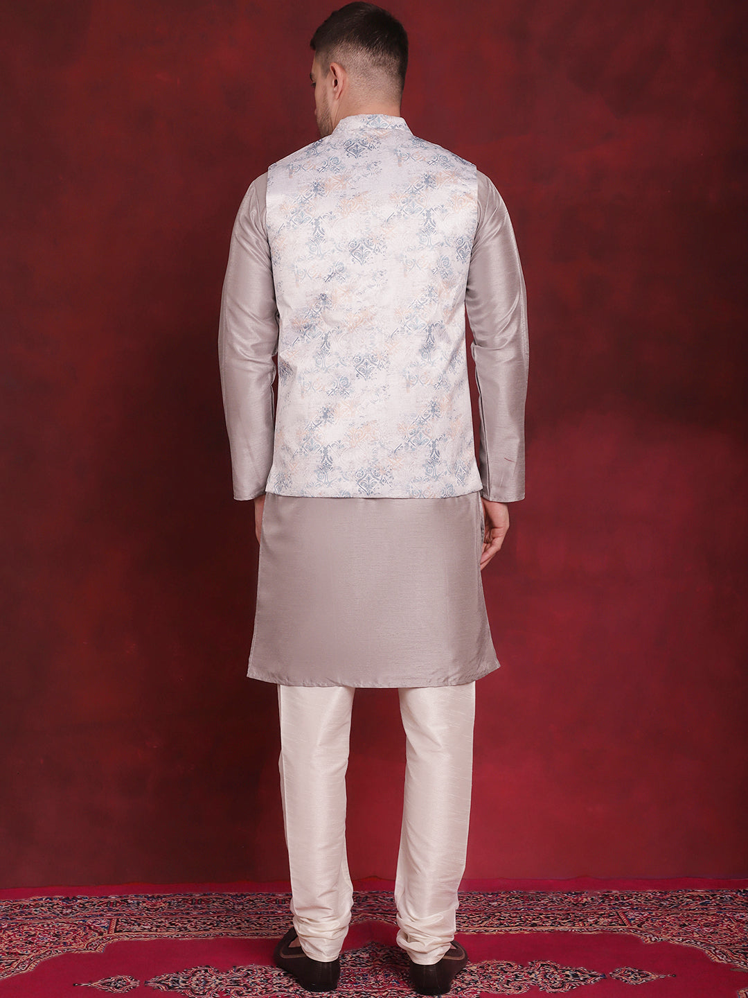 Jompers Men's Silver Floral Printed Nehru Jacket With Kurta Pyjama Set