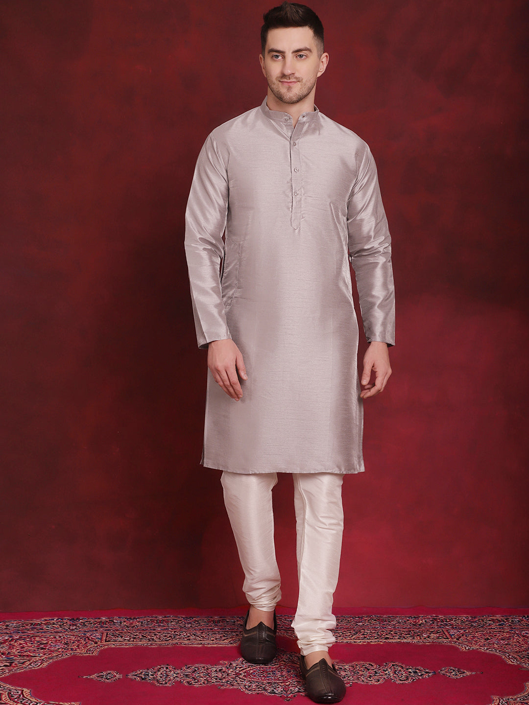 Jompers Men's Silver Floral Printed Nehru Jacket With Kurta Pyjama Set