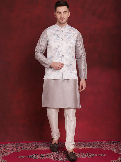 Jompers Men's Silver Floral Printed Nehru Jacket With Kurta Pyjama Set