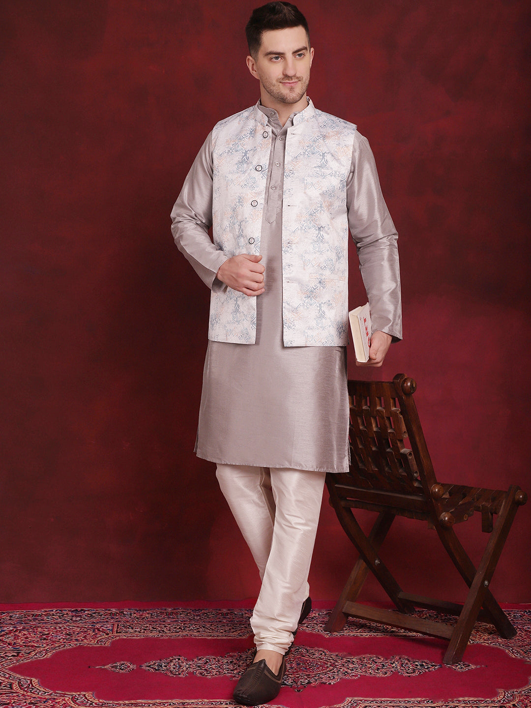 Jompers Men's Silver Floral Printed Nehru Jacket With Kurta Pyjama Set