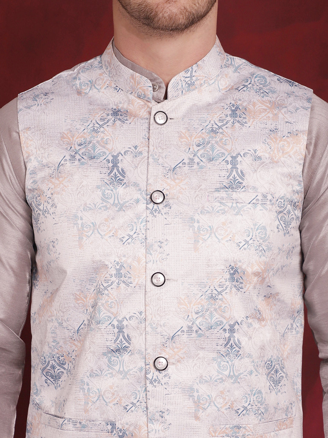 Jompers Men's Silver Floral Printed Nehru Jacket With Kurta Pyjama Set