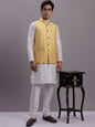 Jompers Men's Golden Woven Design Nehru Jacket With Solid Kurta Pyjama