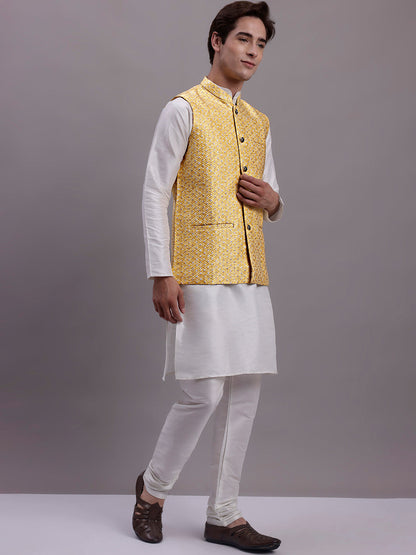 Jompers Men's Golden Woven Design Nehru Jacket With Solid Kurta Pyjama