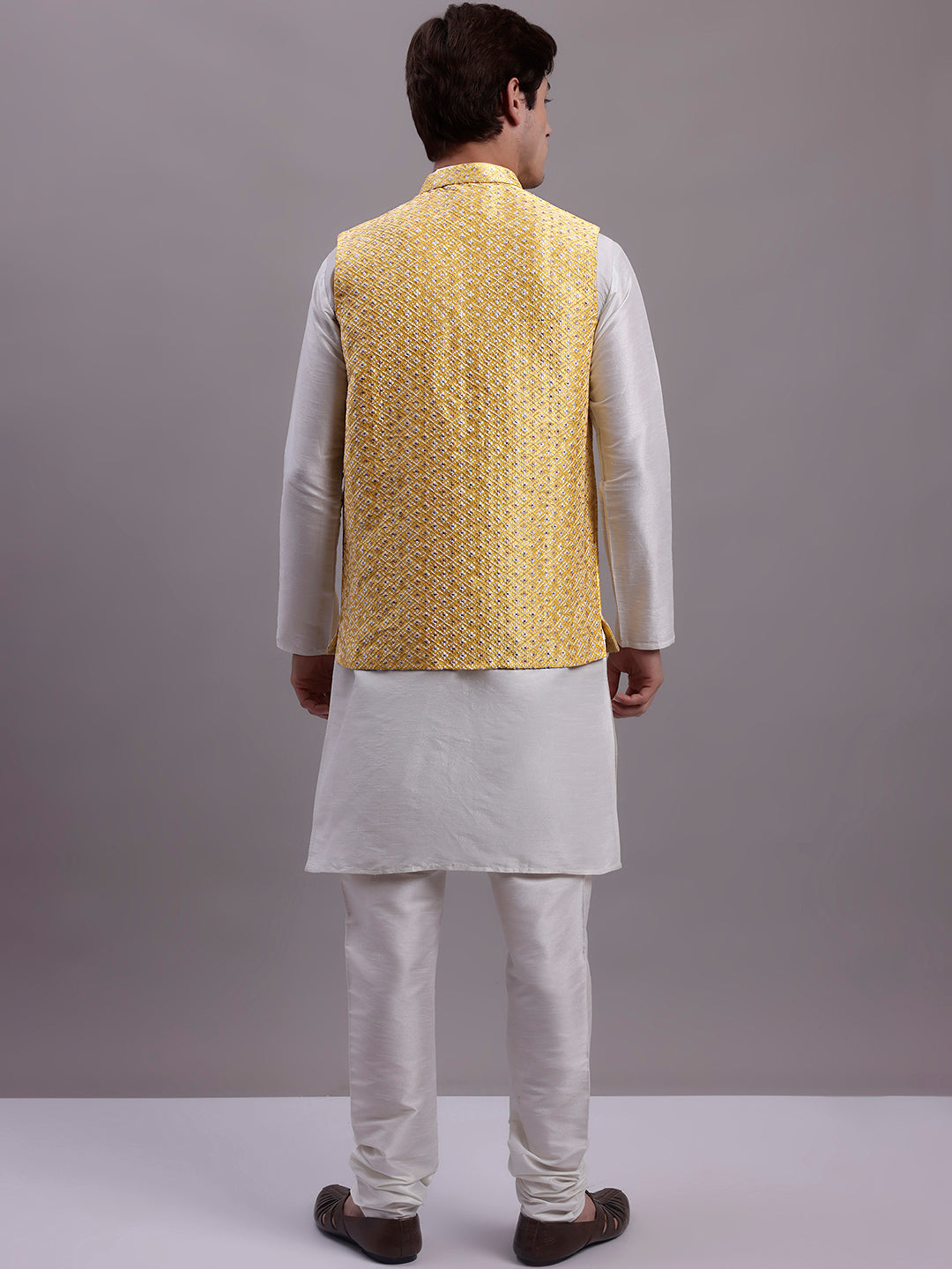 Jompers Men's Golden Woven Design Nehru Jacket With Solid Kurta Pyjama