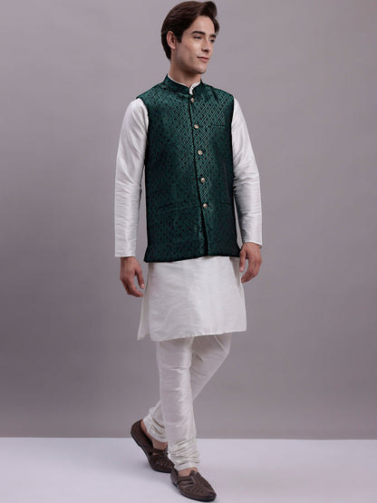 Jompers Men's Olive Green Woven Design Nehru Jacket With Solid Kurta Pyjama