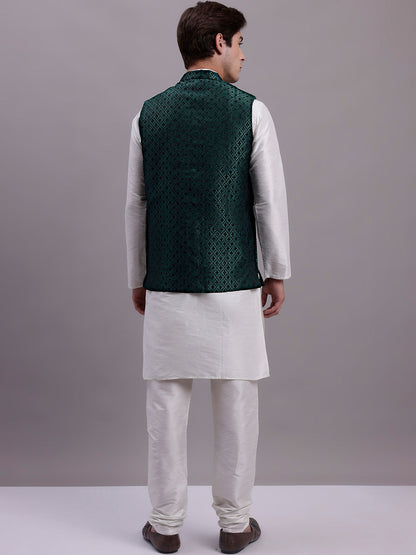 Jompers Men's Olive Green Woven Design Nehru Jacket With Solid Kurta Pyjama