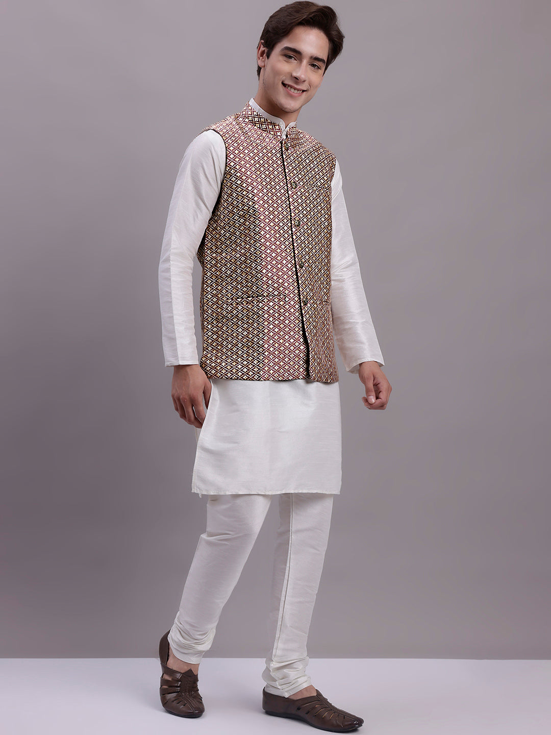 Jompers Men's Peach Woven Design Nehru Jacket With Solid Kurta Pyjama