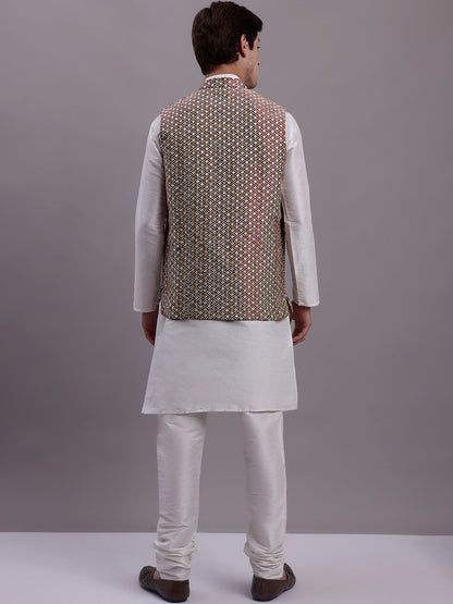 Jompers Men's Peach Woven Design Nehru Jacket With Solid Kurta Pyjama