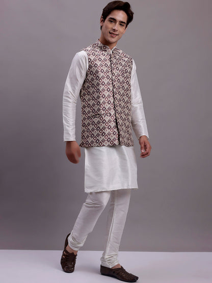 Jompers Men's Purple Woven Design Nehru Jacket With Solid Kurta Pyjama