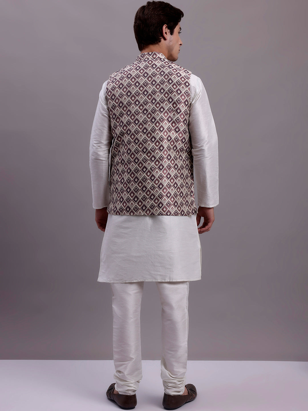 Jompers Men's Purple Woven Design Nehru Jacket With Solid Kurta Pyjama