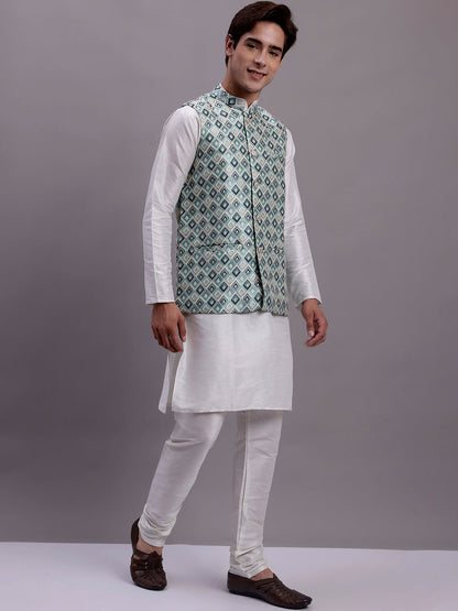 Jompers Men's Turquoise Blue Woven Design Nehru Jacket With Solid Kurta Pyjama