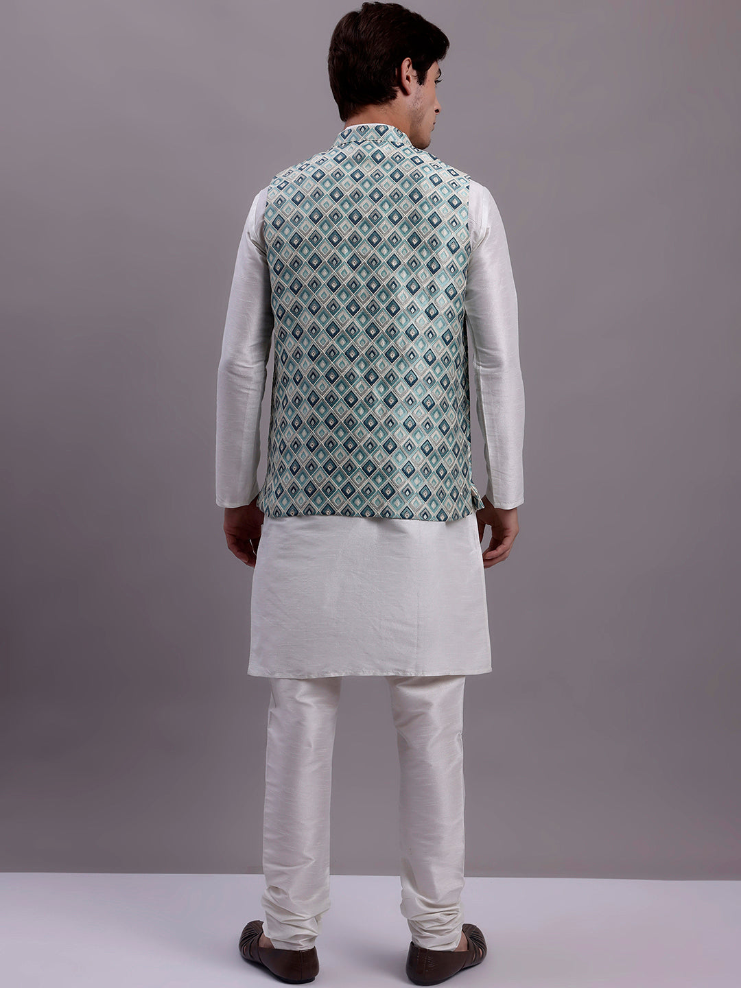 Jompers Men's Turquoise Blue Woven Design Nehru Jacket With Solid Kurta Pyjama