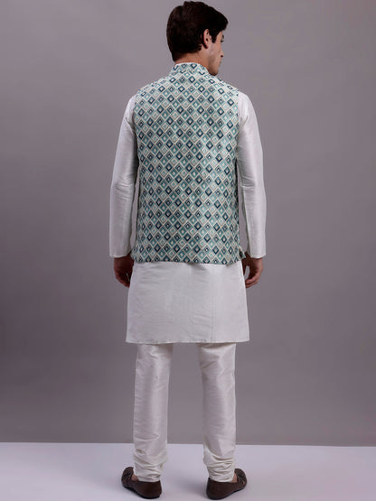 Jompers Men's Turquoise Blue Woven Design Nehru Jacket With Solid Kurta Pyjama