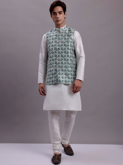 Jompers Men's Turquoise Blue Woven Design Nehru Jacket With Solid Kurta Pyjama