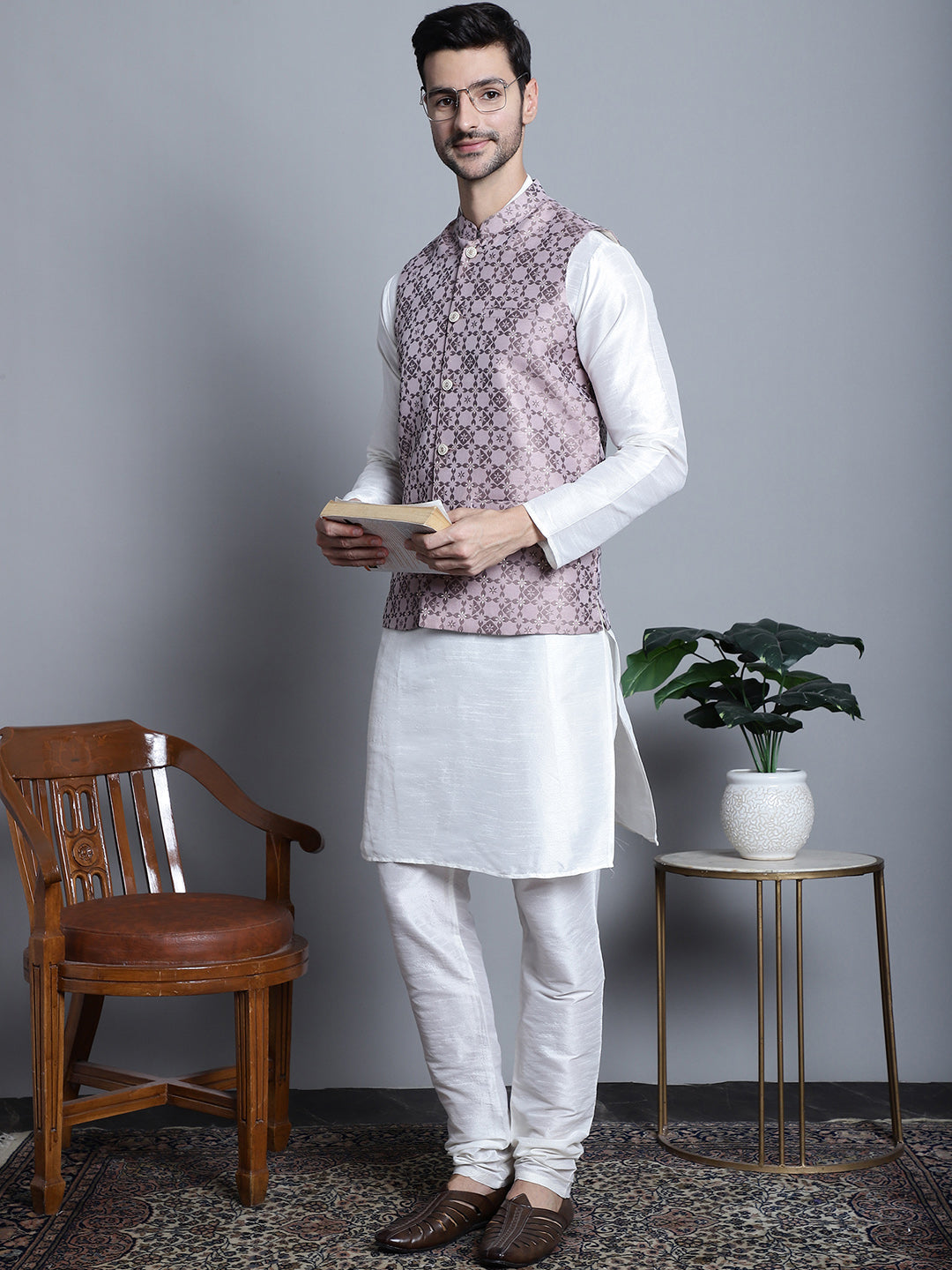 Jompers Men's Woven Design Nehru Jacket With Kurta Pyjama Set - Magenta