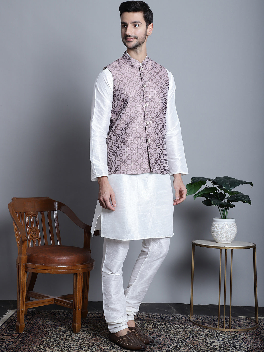 Jompers Men's Woven Design Nehru Jacket With Kurta Pyjama Set - Magenta