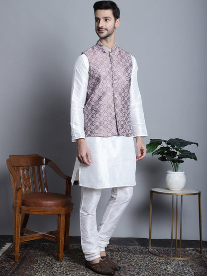 Jompers Men's Woven Design Nehru Jacket With Kurta Pyjama Set - Magenta