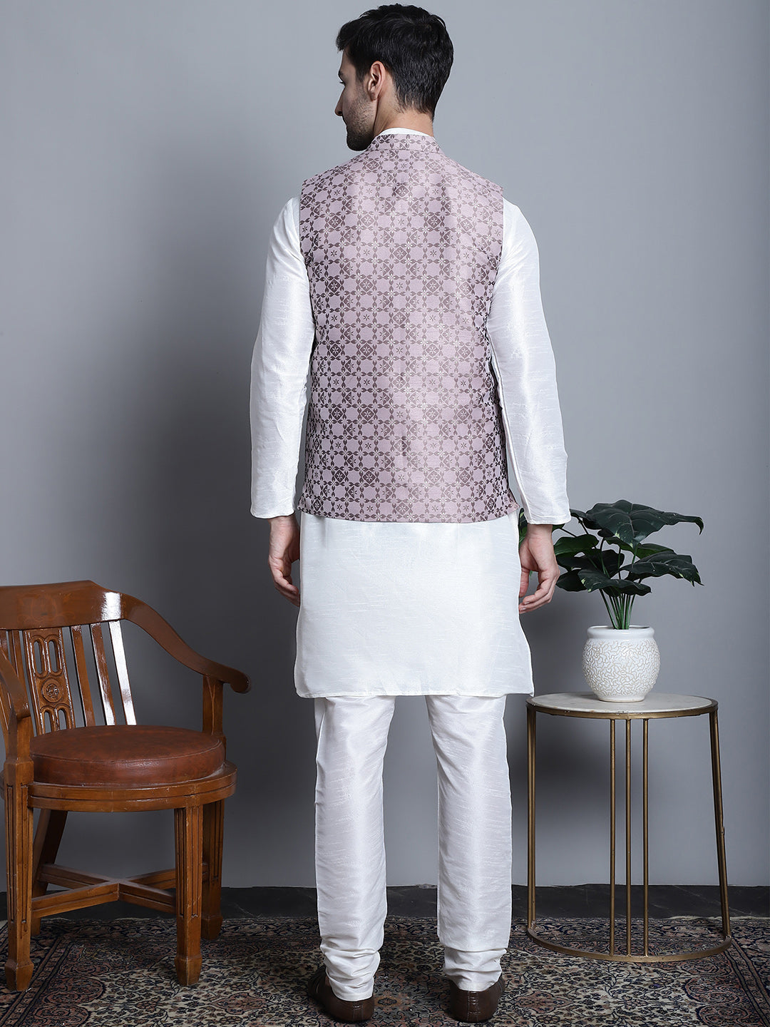 Jompers Men's Woven Design Nehru Jacket With Kurta Pyjama Set - Magenta