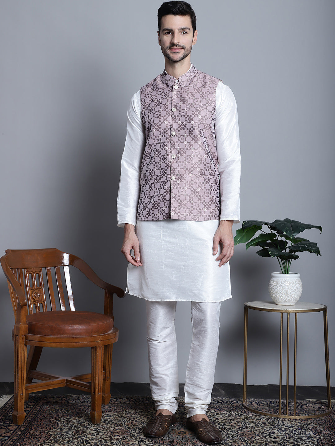 Jompers Men's Woven Design Nehru Jacket With Kurta Pyjama Set - Magenta