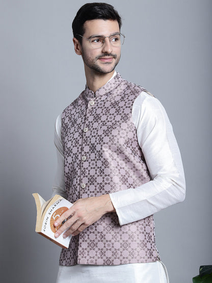 Jompers Men's Woven Design Nehru Jacket With Kurta Pyjama Set - Magenta