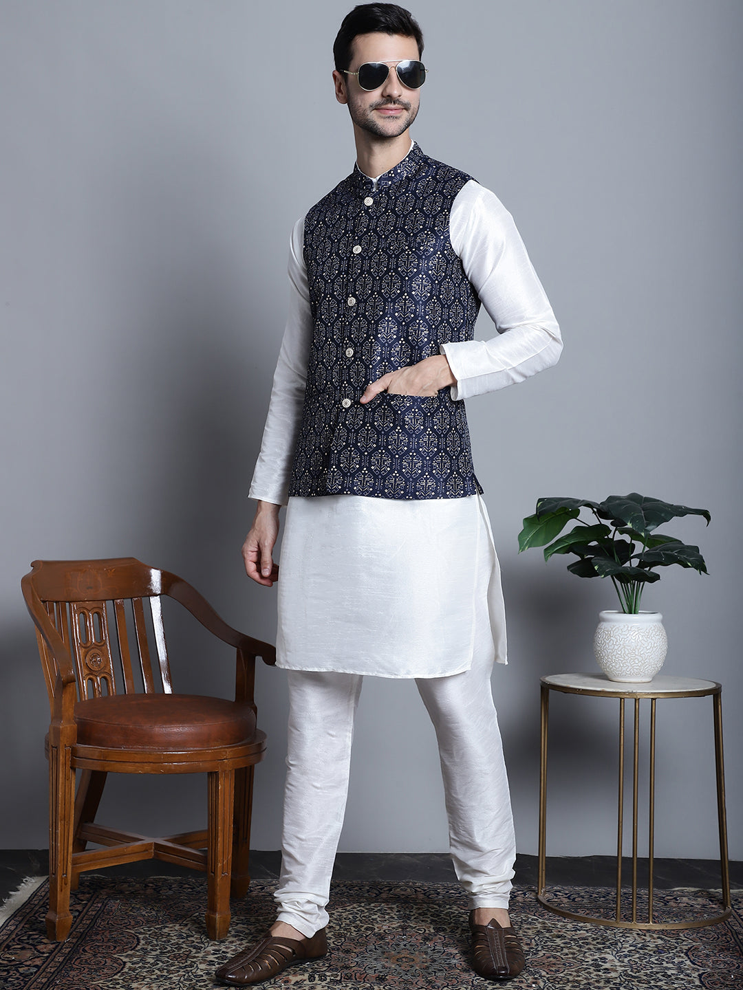 Jompers Men's Printed Nehru Jacket With Kurta Pyjama Set - Navy Blue