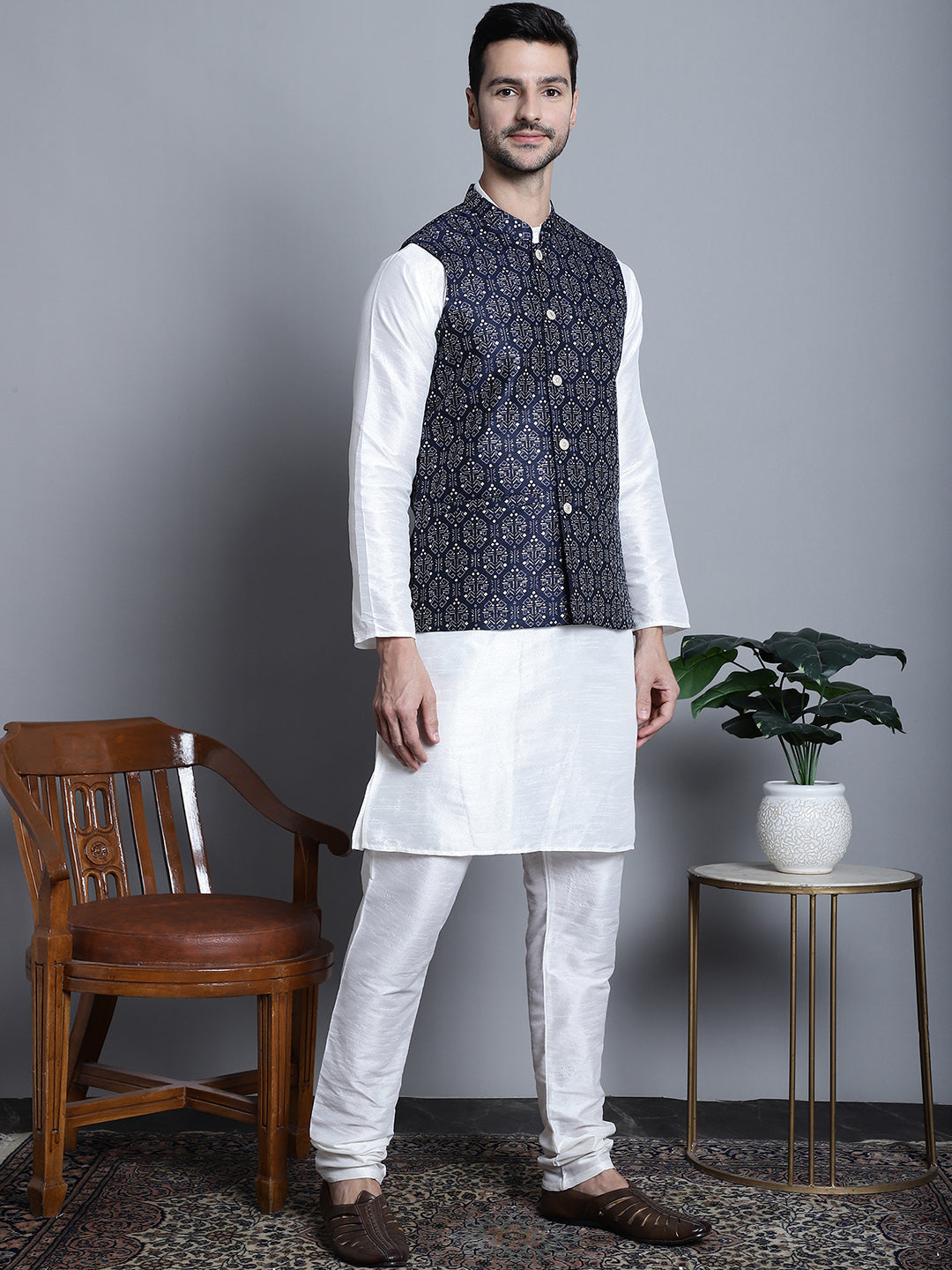 Jompers Men's Printed Nehru Jacket With Kurta Pyjama Set - Navy Blue
