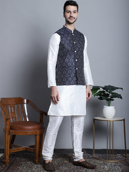 Jompers Men's Printed Nehru Jacket With Kurta Pyjama Set - Navy Blue