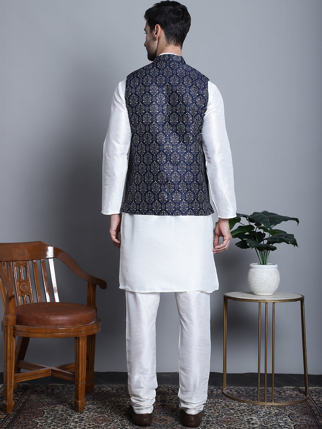 Jompers Men's Printed Nehru Jacket With Kurta Pyjama Set - Navy Blue