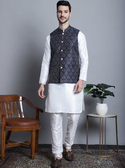 Jompers Men's Printed Nehru Jacket With Kurta Pyjama Set - Navy Blue