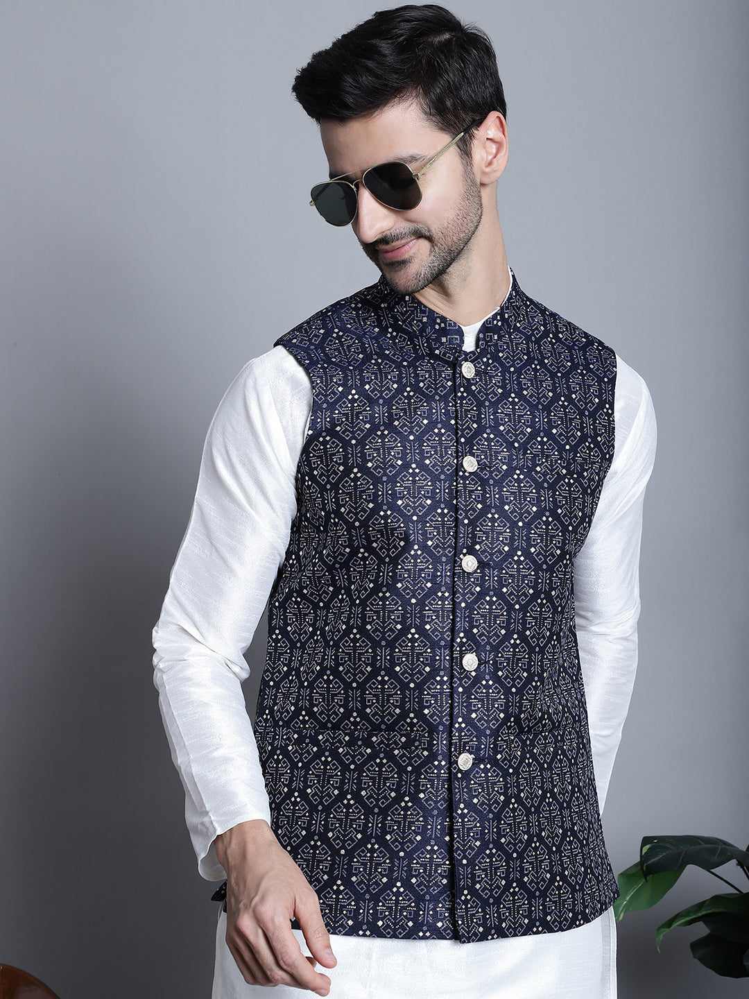 Jompers Men's Printed Nehru Jacket With Kurta Pyjama Set - Navy Blue
