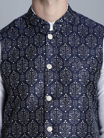Jompers Men's Printed Nehru Jacket With Kurta Pyjama Set - Navy Blue