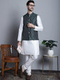 Jompers Men's Printed Nehru Jacket With Kurta Pyjama Set - Olive