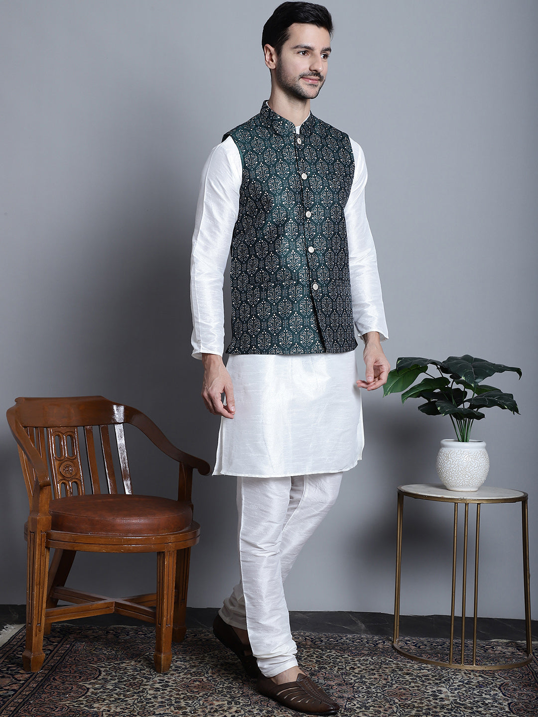 Jompers Men's Printed Nehru Jacket With Kurta Pyjama Set - Olive