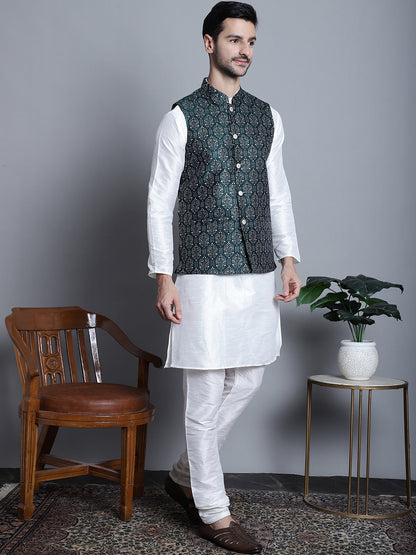Jompers Men's Printed Nehru Jacket With Kurta Pyjama Set - Olive