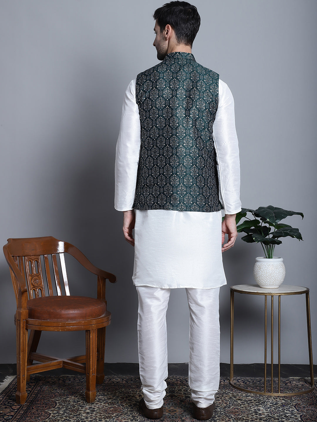 Jompers Men's Printed Nehru Jacket With Kurta Pyjama Set - Olive