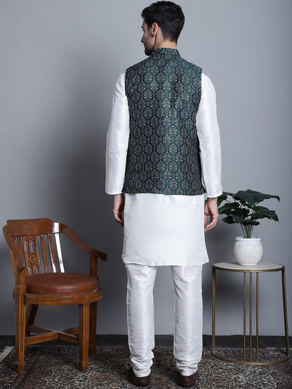 Jompers Men's Printed Nehru Jacket With Kurta Pyjama Set - Olive