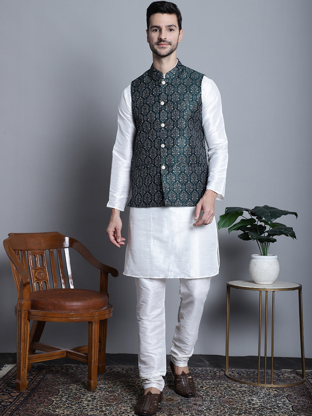 Jompers Men's Printed Nehru Jacket With Kurta Pyjama Set - Olive