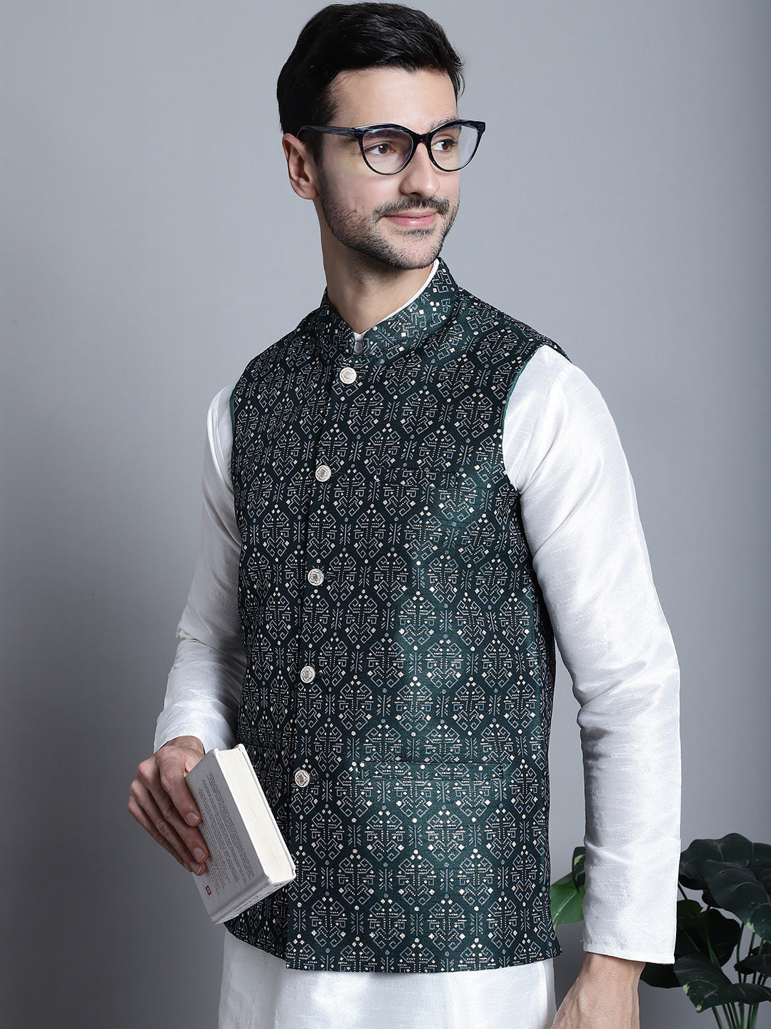 Jompers Men's Printed Nehru Jacket With Kurta Pyjama Set - Olive