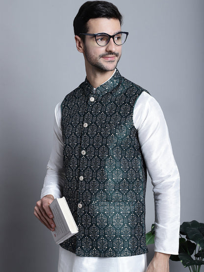 Jompers Men's Printed Nehru Jacket With Kurta Pyjama Set - Olive