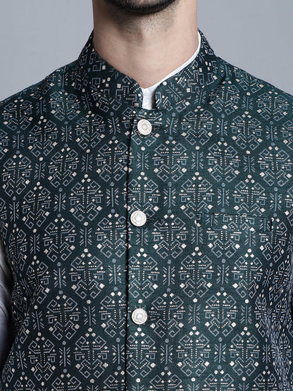 Jompers Men's Printed Nehru Jacket With Kurta Pyjama Set - Olive
